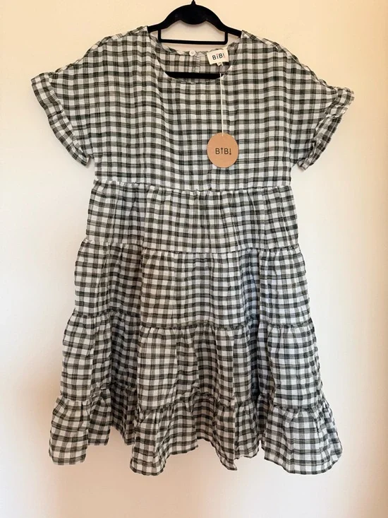 BiBi Olive and White Gingham Tiered Short-Sleeve Mini Dress - Picture 1 of 5